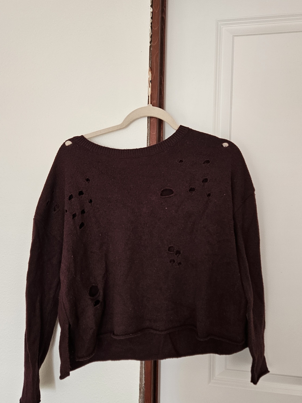 silence + noise Distressed Crewneck Sweater in Plum